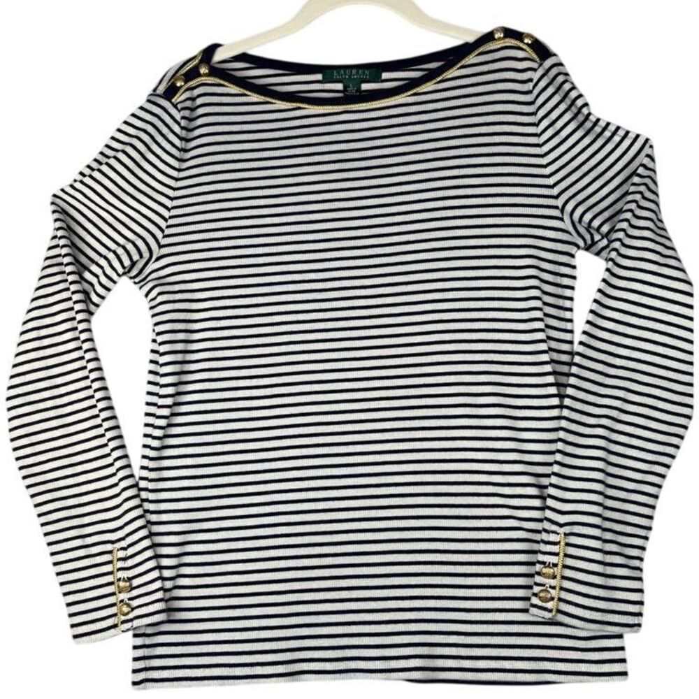 Lauren Ralph Lauren SZ L cotton long sleeve striped nautical top, navy stripe‎